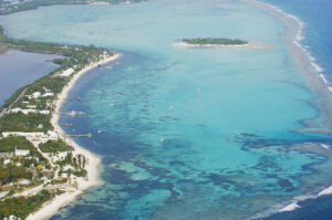 aerial view of tropical island with lagoon